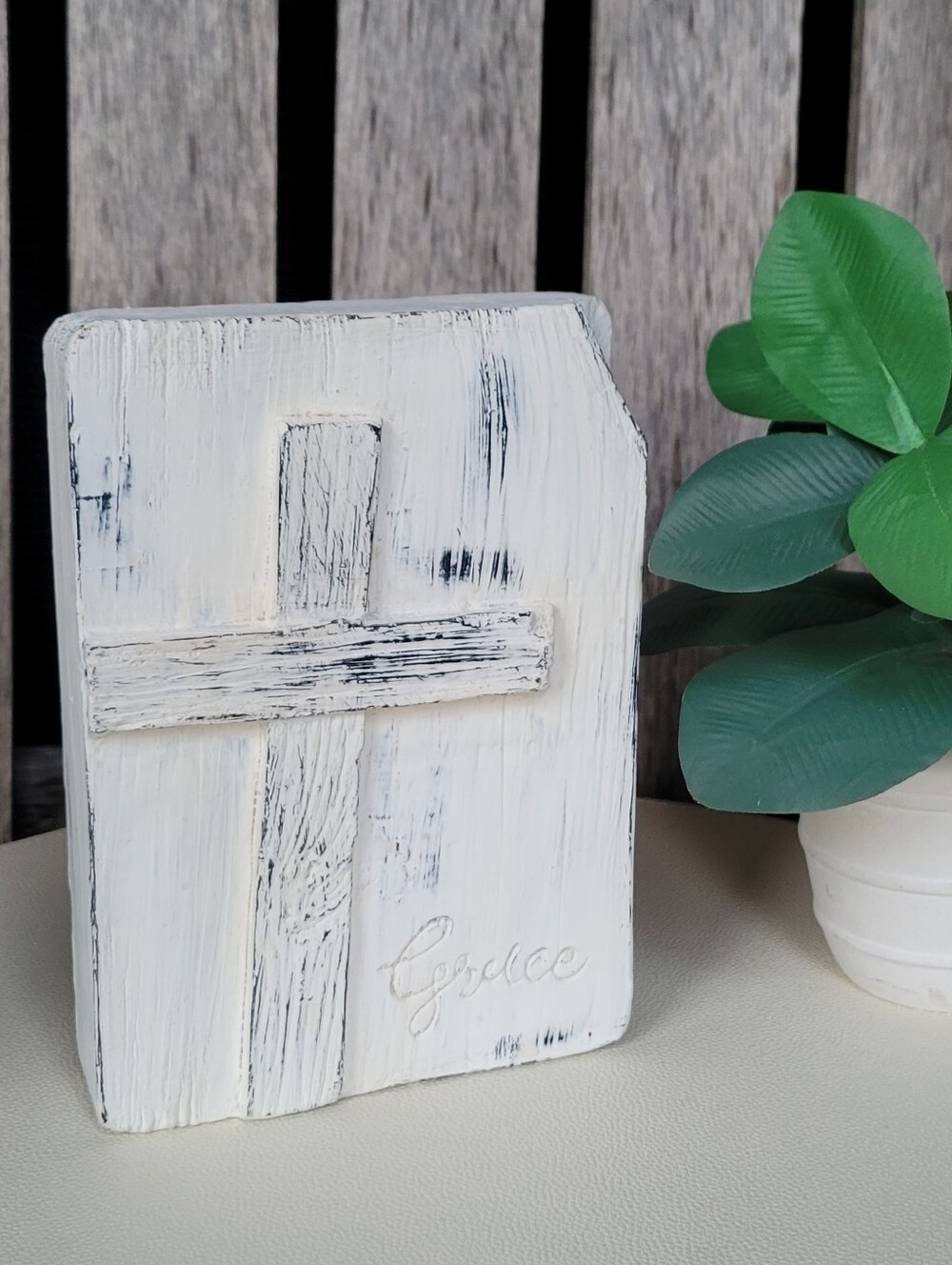Hobby Lobby White Distressed Wooden Cross Block Decor- Grace